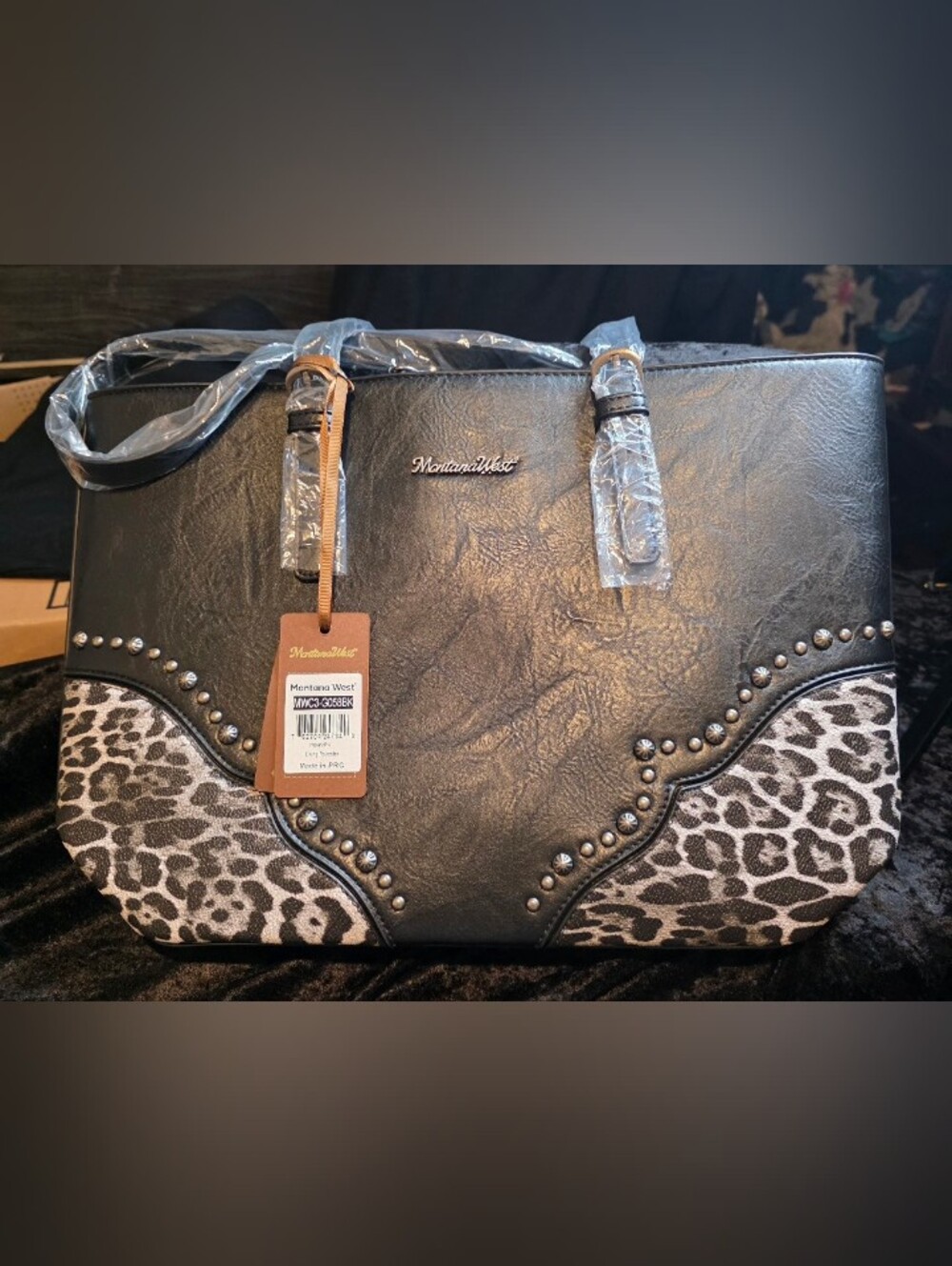Montana West Black Studded Satchel with Leopard Accent
